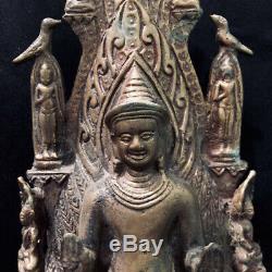 Thai Ayutthaya Khmer Bronze Pagoda Buddha Statue Amulet Figure With Elephant