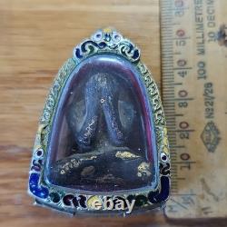 Thai Buddha Amulet L P Khron Pitta set in old antique silver case