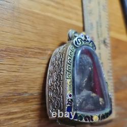 Thai Buddha Amulet L P Khron Pitta set in old antique silver case