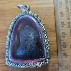 Thai Buddha Amulet L P Khron Pitta set in old antique silver case