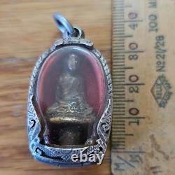 Thai Buddha Amulet Lp In Handmade Real Silver Case