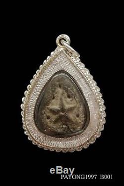 Thai Buddha Amulet Lp PHINA WAT SANOMLAO Protect Genuine Success 925 SILVER CASE