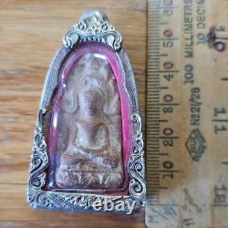 Thai Buddha Amulet Phra Chedi Rare set in old antique silver case