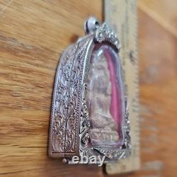Thai Buddha Amulet Phra Chedi Rare set in old antique silver case