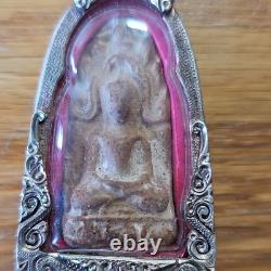 Thai Buddha Amulet Phra Chedi Rare set in old antique silver case