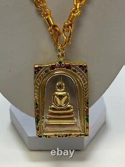 Thai Buddha Amulet, Phra, Luck, Blessing, Gold, Necklace, Red Green, - Brand New
