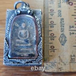 Thai Buddha Amulet Phra Somdej Toh set in old antique silver case
