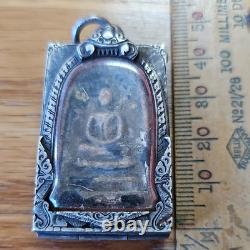 Thai Buddha Amulet Phra Somdej Toh set in old antique silver case