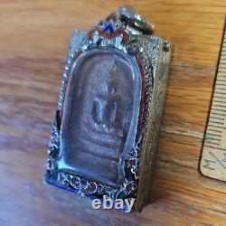 Thai Buddha Amulet Phra Somdej Toh set in old antique silver case