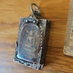 Thai Buddha Amulet Phra Somdej Toh set in old antique silver case