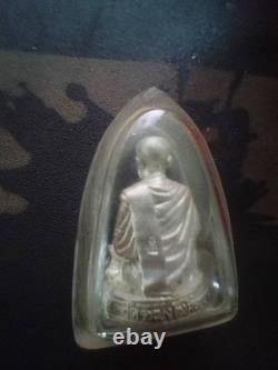 Thai Buddha Amulet Silver Pendant Luang Por Sitting Monk Protection Talisman T