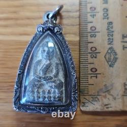Thai Buddha Lp Thuad set in old antique Sealed silver case Protection Buddha