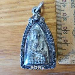 Thai Buddha Lp Thuad set in old antique Sealed silver case Protection Buddha