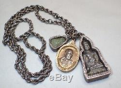 Thai Buddha Monk & Jade Amulet Talisman Necklace on Heavy Silver Chain