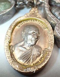 Thai Buddha Monk & Jade Amulet Talisman Necklace on Heavy Silver Chain