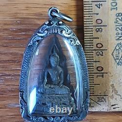 Thai Buddha Phra Chinnaraj Set In Silver Antique Case