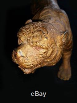 Thai Buddhist Buddha Antique Amulet Tiger Lp Peun Old Collection Brass