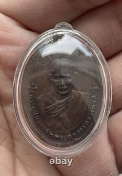 Thai Buddhist Monk Amulet Oval Metal Medal Sacred Talisman Pendant with Case