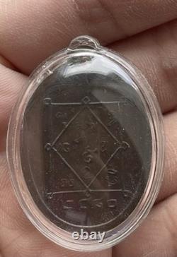 Thai Buddhist Monk Amulet Oval Metal Medal Sacred Talisman Pendant with Case