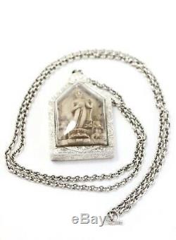 Thai Natural Hand Carved Buddha Amulet in Silver Case, Pendant Necklace