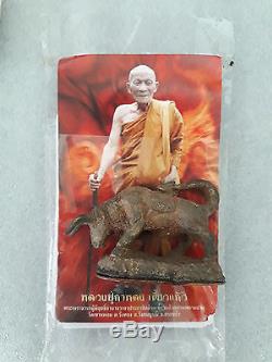 Thai buddha amulet antique old ox bull LP Kalong wat Khao laem copper sacred