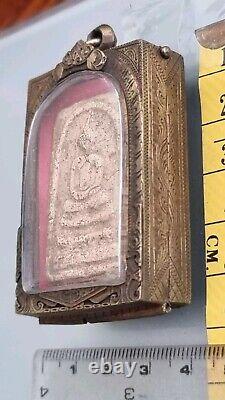 Thai buddha amulet pendant Somdej Toh Wat Rakhang Phim block antique bronze case