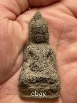 Vintage Thai Ancient Clay Buddha Amulet Seated Meditation Old Phra Statue