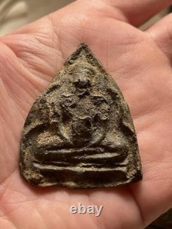 Vintage Thai Ancient Clay Buddha Amulet Triangle Shape Old Buddhist Pendant