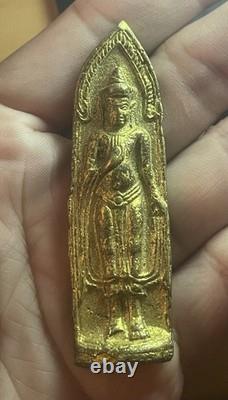 Vintage Thai Standing Buddha Amulet Gold Tone Buddhist Sacred Talisman Thailand