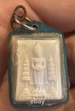 Vintage Thai Standing Buddha Amulet White Relief Pendant in Plastic Case