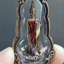 Walking Buddha Phra Leela Bronze Thai Amulet Pendant Beautiful Casing