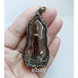 Walking Buddha Phra Leela Bronze Thai Amulet Pendant Beautiful Casing