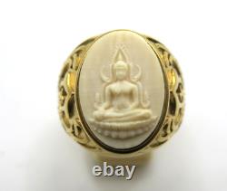 White Nga Gae Carved Ring Phra Buddha Chinnarat Thai Amulet 18K Gold Plate sz 11